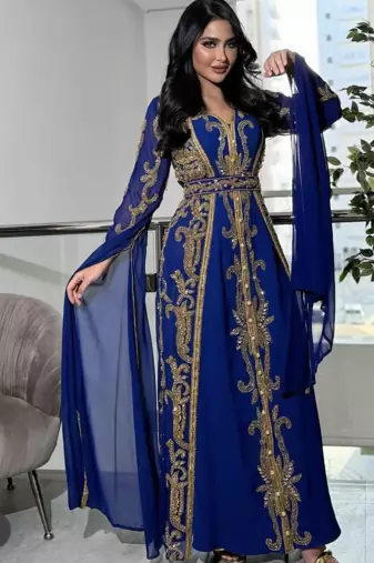 Royal Blue Moroccan Stitched Kaftan with Golden Embroidery & Sheer Cape Sleeves Evening & Wedding Dress