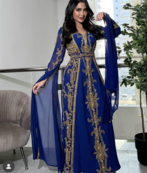 Royal Blue Moroccan Stitched Kaftan with Golden Embroidery & Sheer Cape Sleeves Evening & Wedding Dress