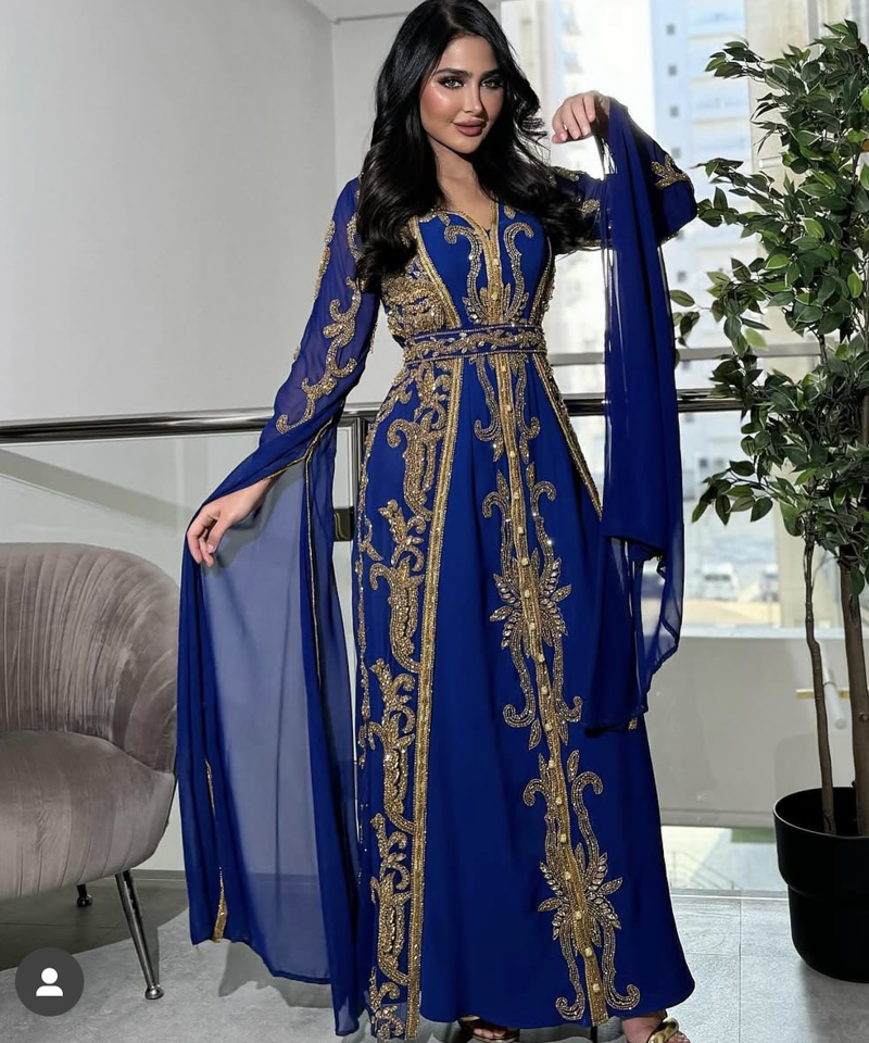 Royal Blue Moroccan Stitched Kaftan with Golden Embroidery & Sheer Cape Sleeves Evening & Wedding Dress