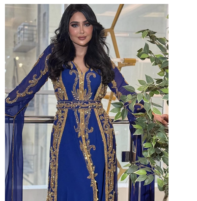 Royal Blue Moroccan Stitched Kaftan with Golden Embroidery & Sheer Cape Sleeves Evening & Wedding Dress 2