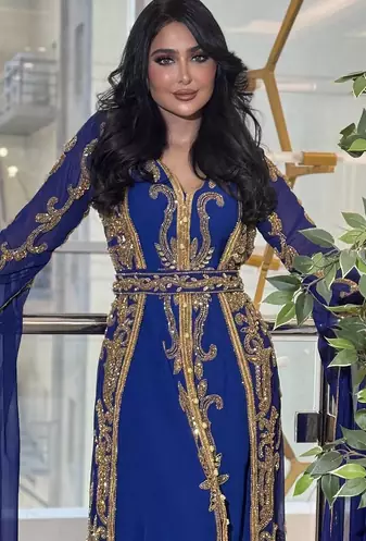Royal Blue Moroccan Stitched Kaftan with Golden Embroidery & Sheer Cape Sleeves Evening & Wedding Dress