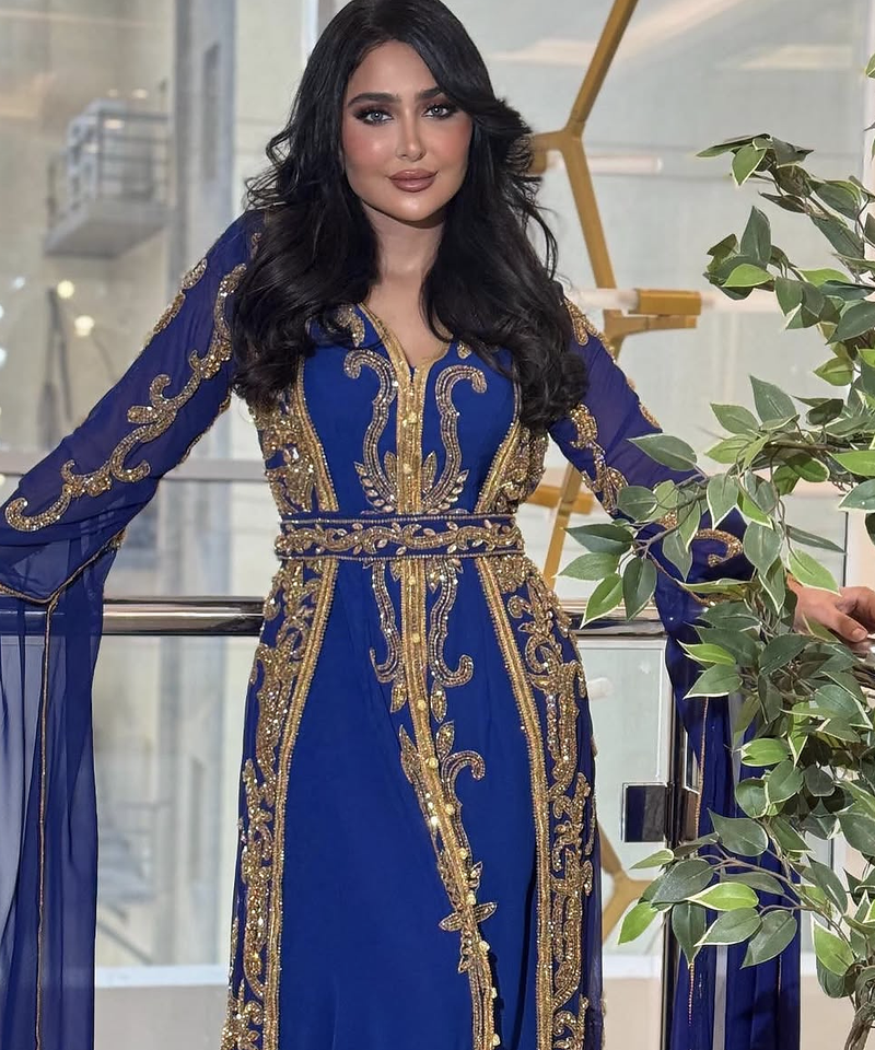 Royal Blue Moroccan Stitched Kaftan with Golden Embroidery & Sheer Cape Sleeves Evening & Wedding Dress
