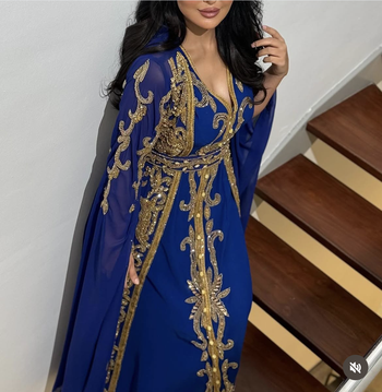 Royal Blue Moroccan Stitched Kaftan with Golden Embroidery & Sheer Cape Sleeves Evening & Wedding Dress 3