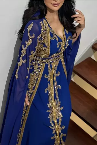 Royal Blue Moroccan Stitched Kaftan with Golden Embroidery & Sheer Cape Sleeves Evening & Wedding Dress