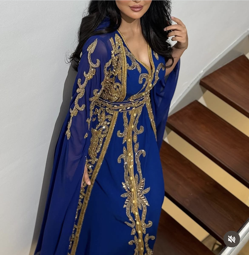 Royal Blue Moroccan Stitched Kaftan with Golden Embroidery & Sheer Cape Sleeves Evening & Wedding Dress