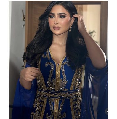 Royal Blue Moroccan Stitched Kaftan with Golden Embroidery & Sheer Cape Sleeves Evening & Wedding Dress 4