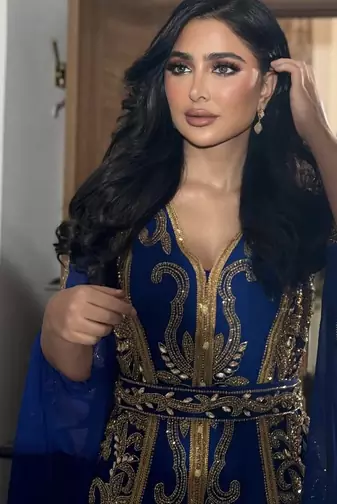 Royal Blue Moroccan Stitched Kaftan with Golden Embroidery & Sheer Cape Sleeves Evening & Wedding Dress
