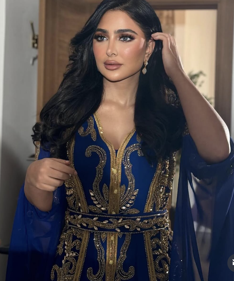 Royal Blue Moroccan Stitched Kaftan with Golden Embroidery & Sheer Cape Sleeves Evening & Wedding Dress
