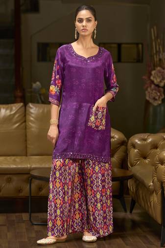 Purple pure crepe floral printed embellished festive & party co-ord set