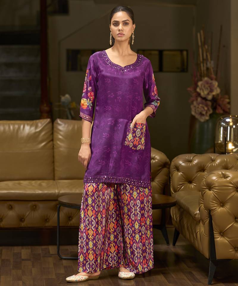 Purple pure crepe floral printed embellished festive & party co-ord set