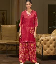 Red pure crepe floral printed embellished festive & party co-ord set