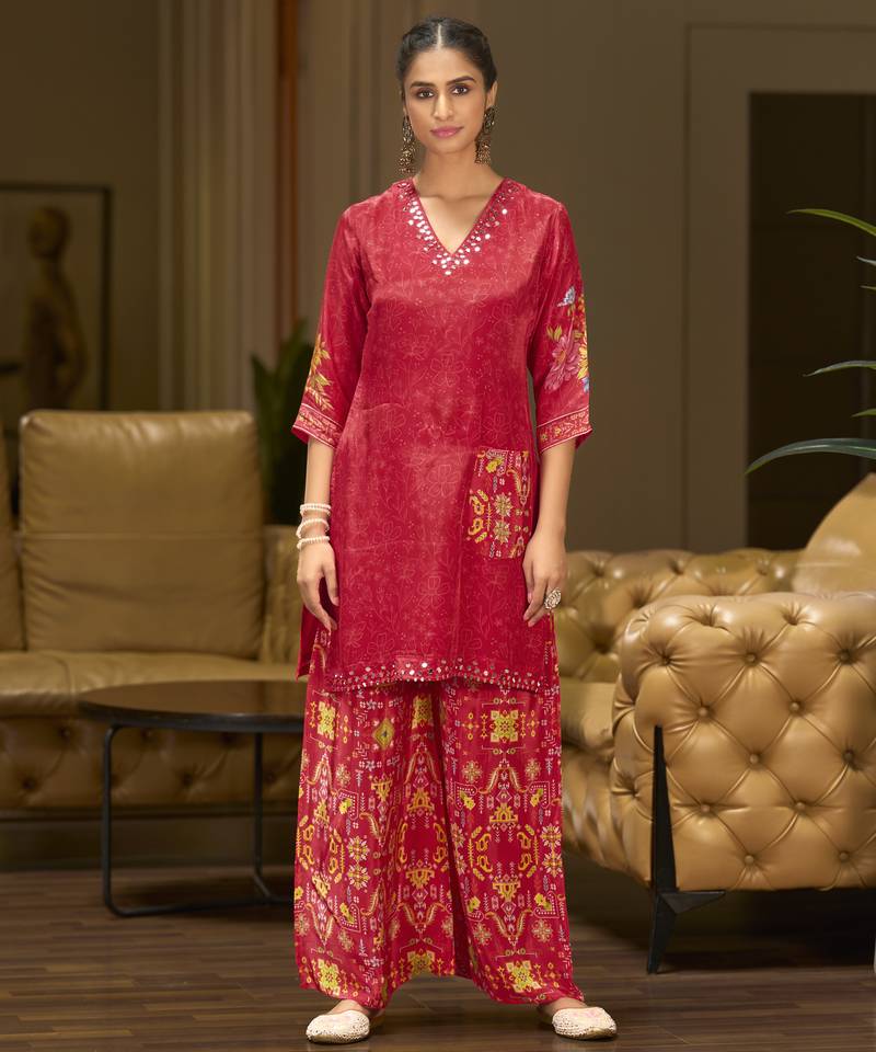 Red pure crepe floral printed embellished festive & party co-ord set