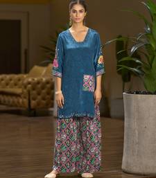 Teal blue pure crepe floral printed embellished festive & party co-ord set