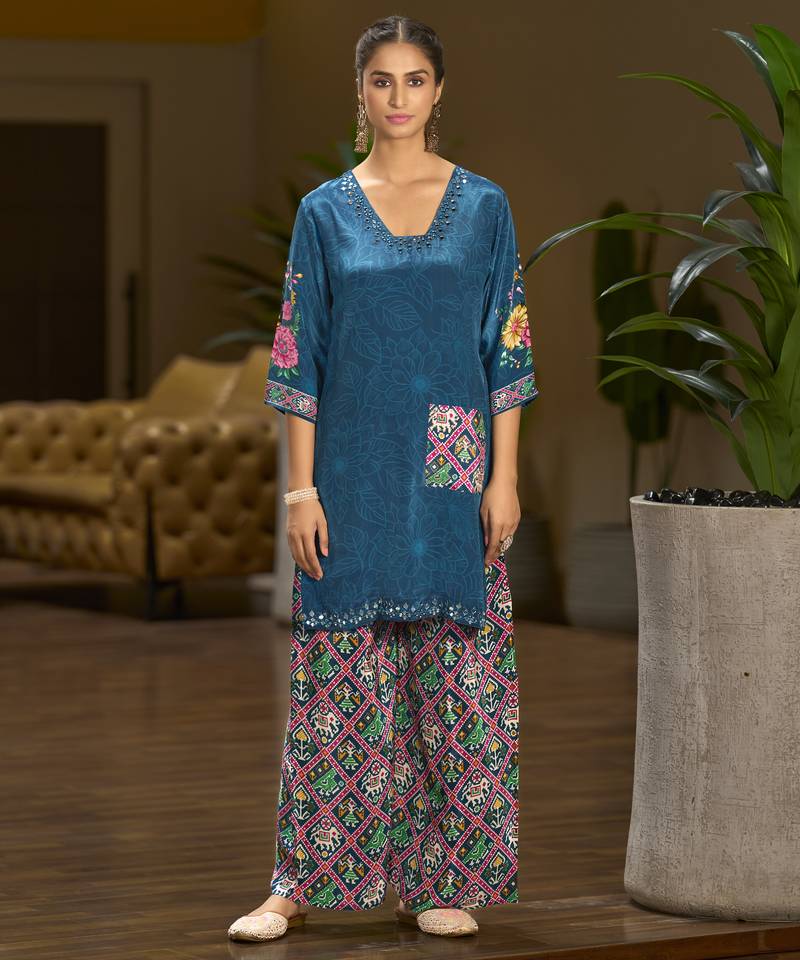 Teal blue pure crepe floral printed embellished festive & party co-ord set