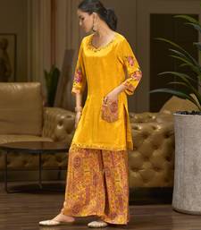 Yellow pure crepe floral printed embellished festive & party co-ord set