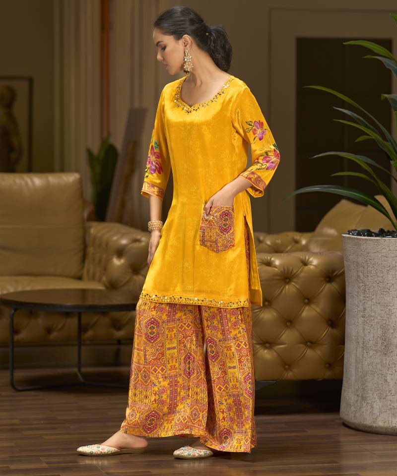 Yellow pure crepe floral printed embellished festive & party co-ord set