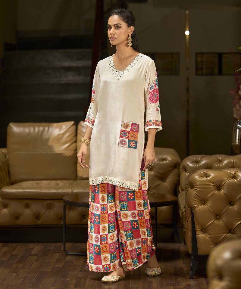 Off-white pure crepe floral printed embellished festive & party co-ord set