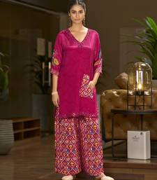 Dark pink pure crepe floral printed embellished festive & party co-ord set