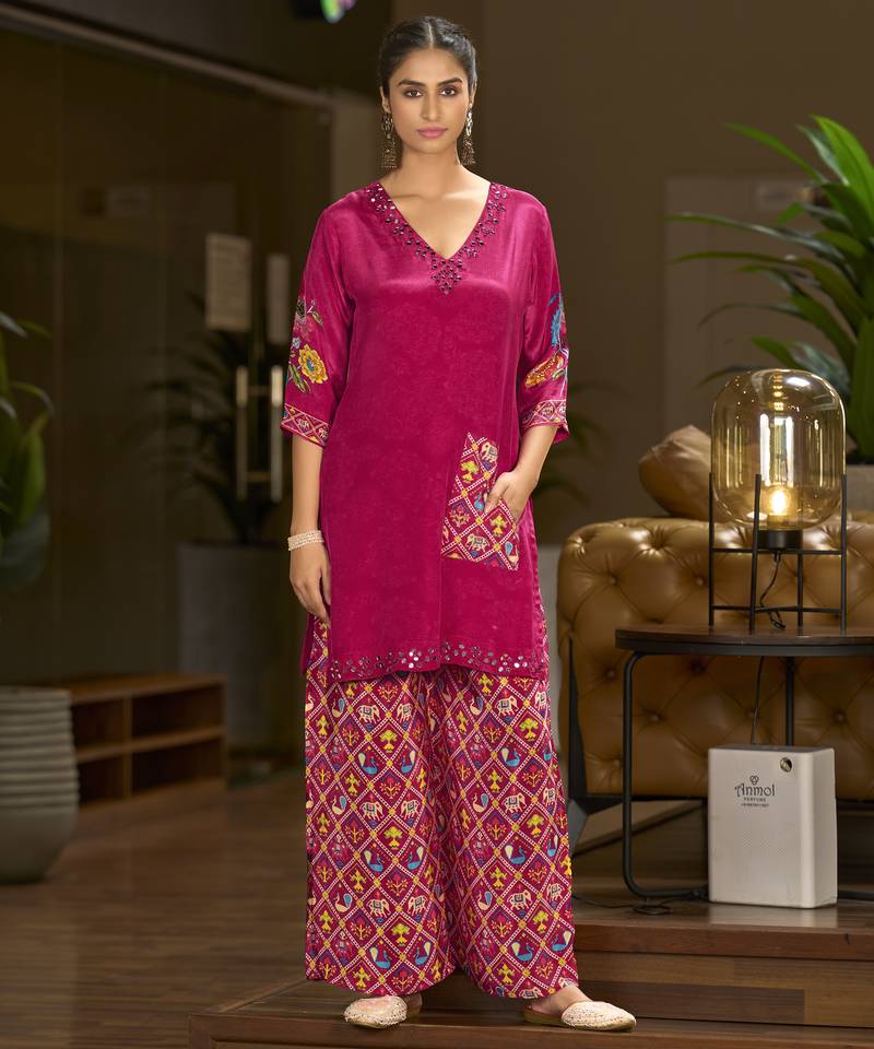 Dark pink pure crepe floral printed embellished festive & party co-ord set