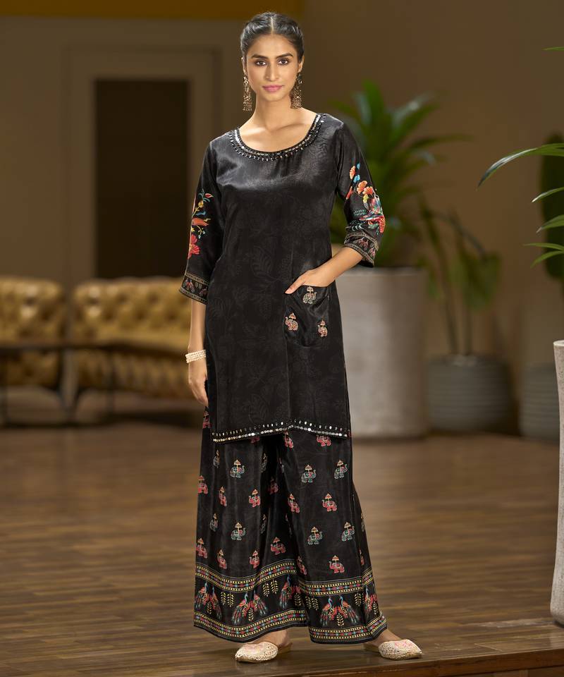 Black pure crepe floral printed embellished festive & party co-ord set