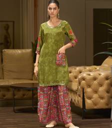 Green pure crepe floral printed embellished festive & party co-ord set