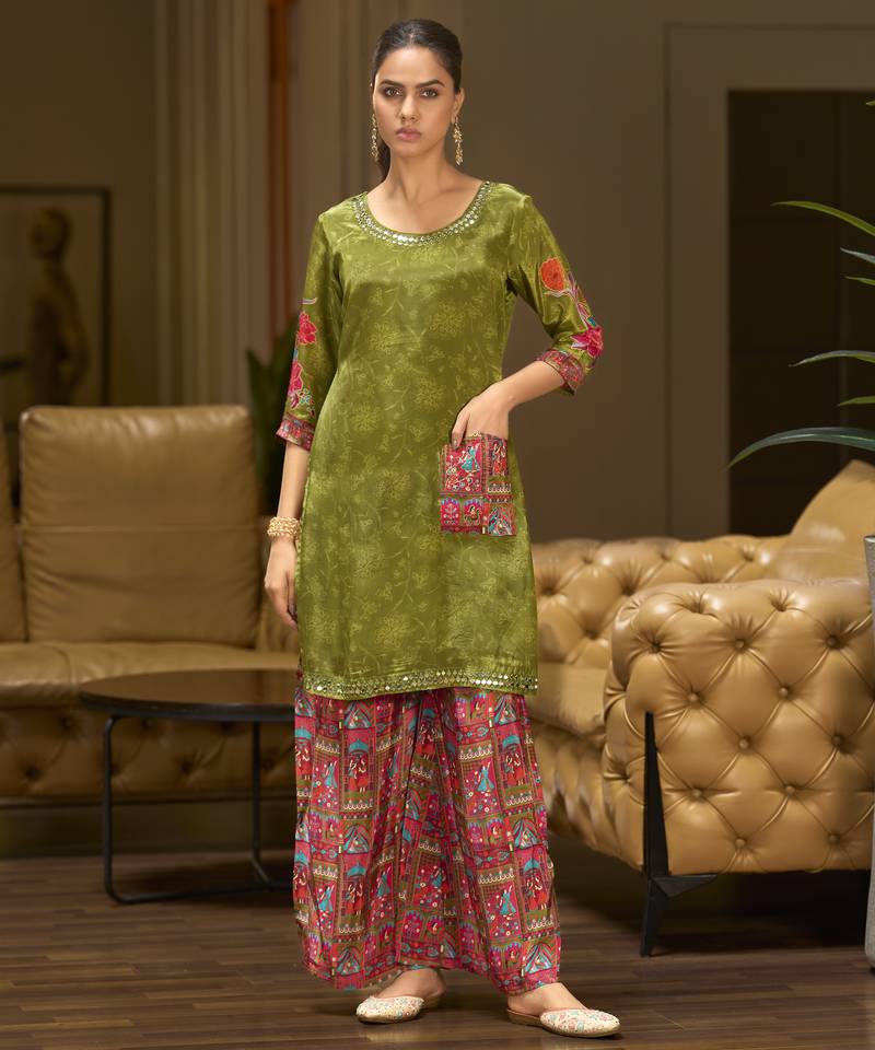 Green pure crepe floral printed embellished festive & party co-ord set