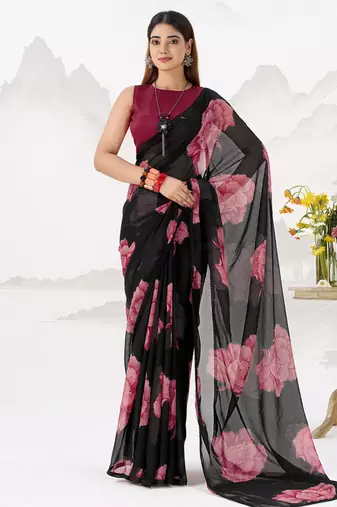 Sheer Elegance Chiffon Floral Saree with Delicate Lace Border