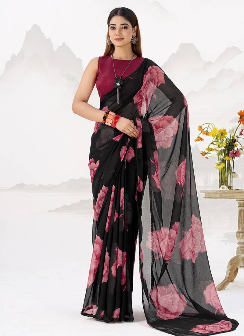 Sheer Elegance Chiffon Floral Saree with Delicate Lace Border