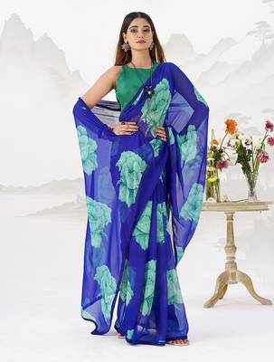Sheer Elegance Chiffon Floral Saree with Delicate Lace Border 1