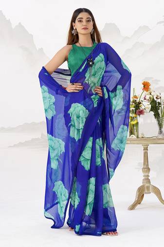 Sheer Elegance Chiffon Floral Saree with Delicate Lace Border