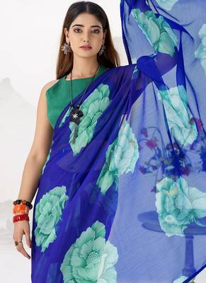 Sheer Elegance Chiffon Floral Saree with Delicate Lace Border 2