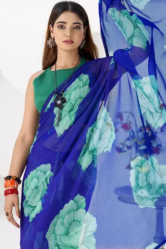 Sheer Elegance Chiffon Floral Saree with Delicate Lace Border