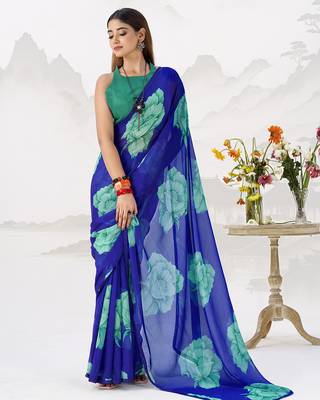 Sheer Elegance Chiffon Floral Saree with Delicate Lace Border 4