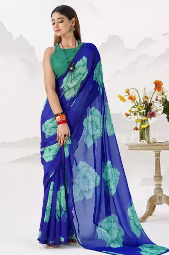 Sheer Elegance Chiffon Floral Saree with Delicate Lace Border