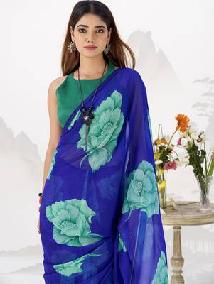 Sheer Elegance Chiffon Floral Saree with Delicate Lace Border 5