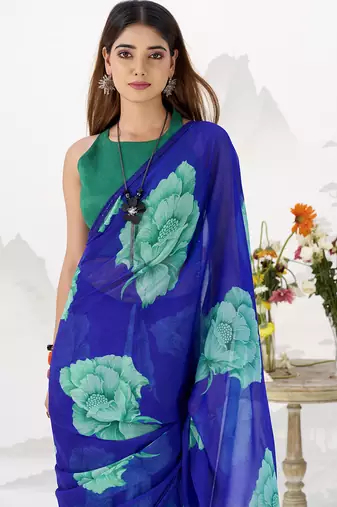 Sheer Elegance Chiffon Floral Saree with Delicate Lace Border