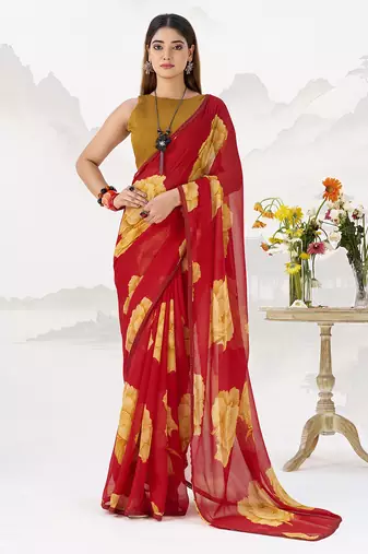 Sheer Elegance Chiffon Floral Saree with Delicate Lace Border