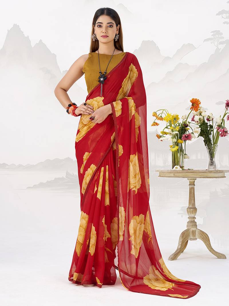 Sheer Elegance Chiffon Floral Saree with Delicate Lace Border