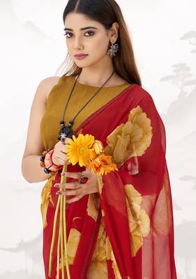 Sheer Elegance Chiffon Floral Saree with Delicate Lace Border 2