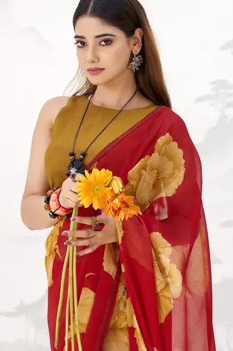 Sheer Elegance Chiffon Floral Saree with Delicate Lace Border