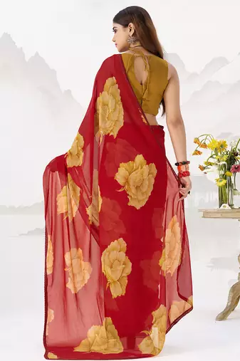 Sheer Elegance Chiffon Floral Saree with Delicate Lace Border