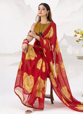 Sheer Elegance Chiffon Floral Saree with Delicate Lace Border 4
