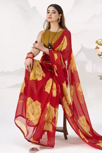 Sheer Elegance Chiffon Floral Saree with Delicate Lace Border