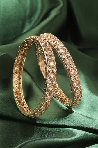 Round shape antique gold plated brown uncut kundan stone set of 2 bangle set for women and girls