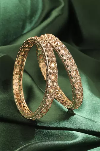 Round shape antique gold plated brown uncut kundan stone set of 2 bangle set for women and girls