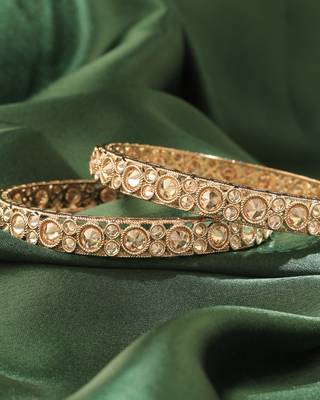 Round shape antique gold plated brown uncut kundan stone set of 2 bangle set for women and girls 3
