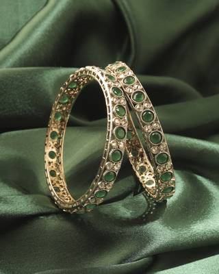 Round shape antique gold plated green uncut kundan stone set of 2 bangle set for women and girls 1