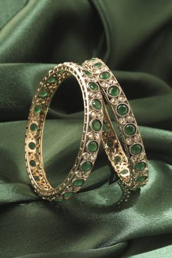 Round shape antique gold plated green uncut kundan stone set of 2 bangle set for women and girls