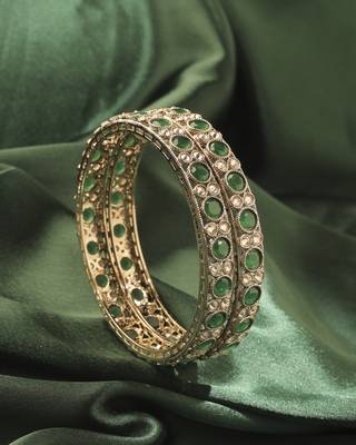 Round shape antique gold plated green uncut kundan stone set of 2 bangle set for women and girls 2