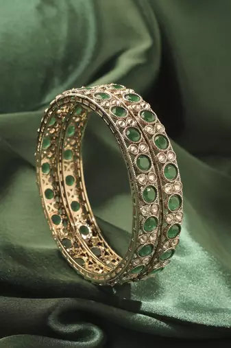 Round shape antique gold plated green uncut kundan stone set of 2 bangle set for women and girls